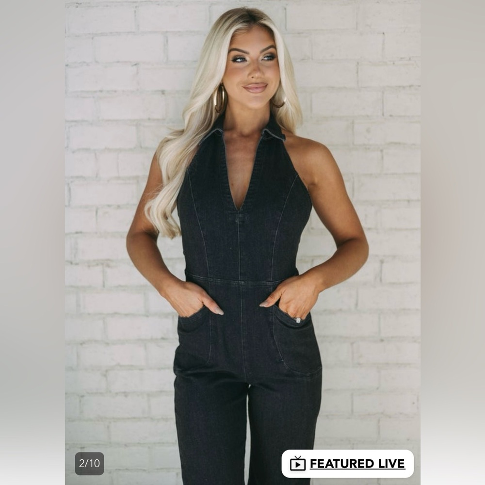 Boutique Halter-neck denim jumpsuit in Black size Small NWOT